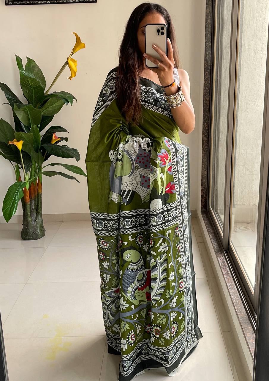 Trendy Mulmul Cotton Kalamkari Hand Block Print Saree