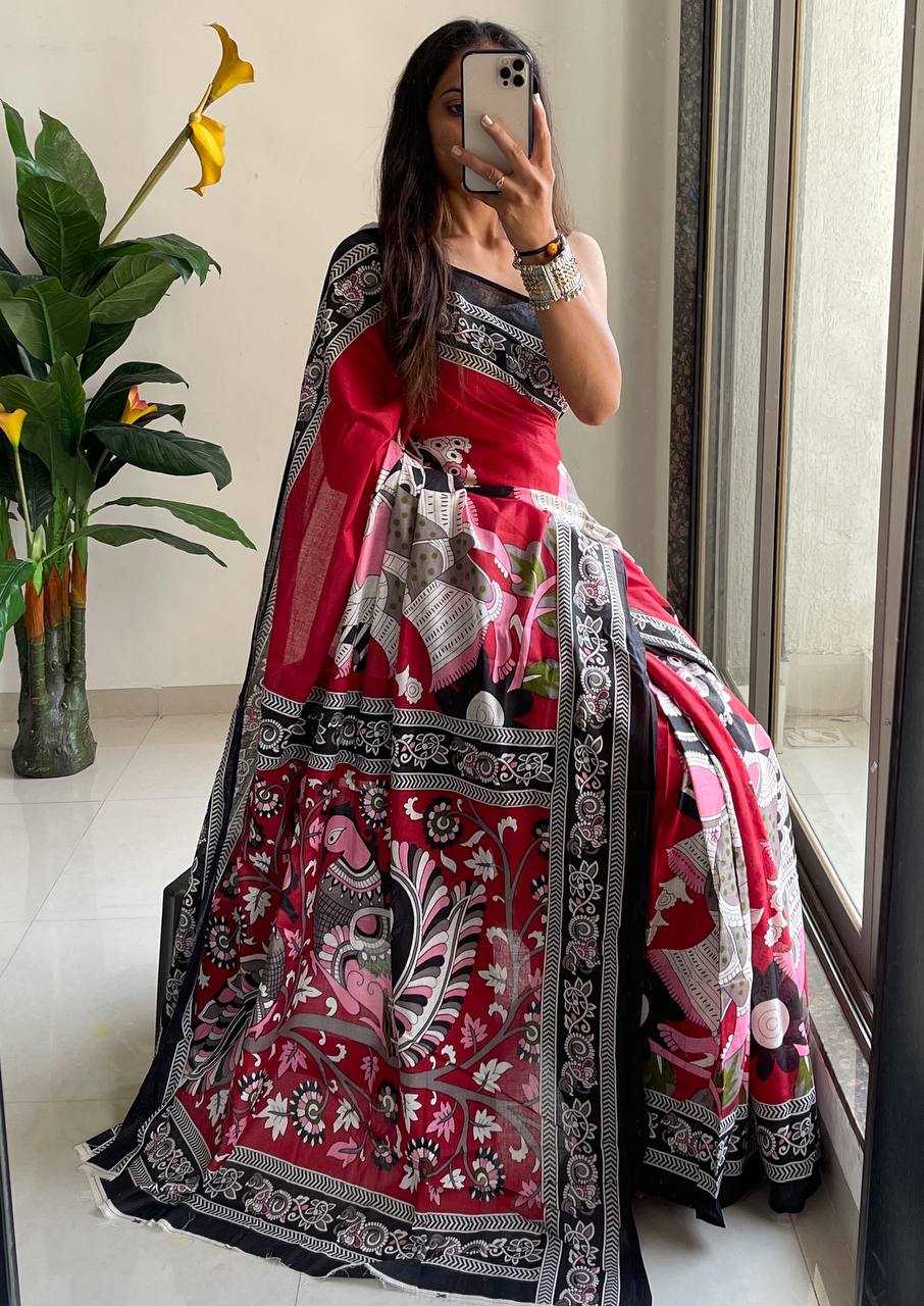 Trendy Mulmul Cotton Kalamkari Hand Block Print Saree