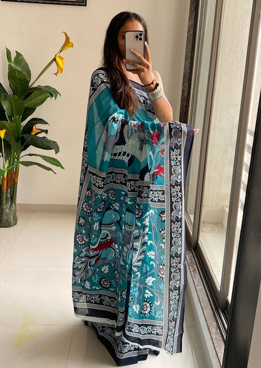 Trendy Mulmul Cotton Kalamkari Hand Block Print Saree