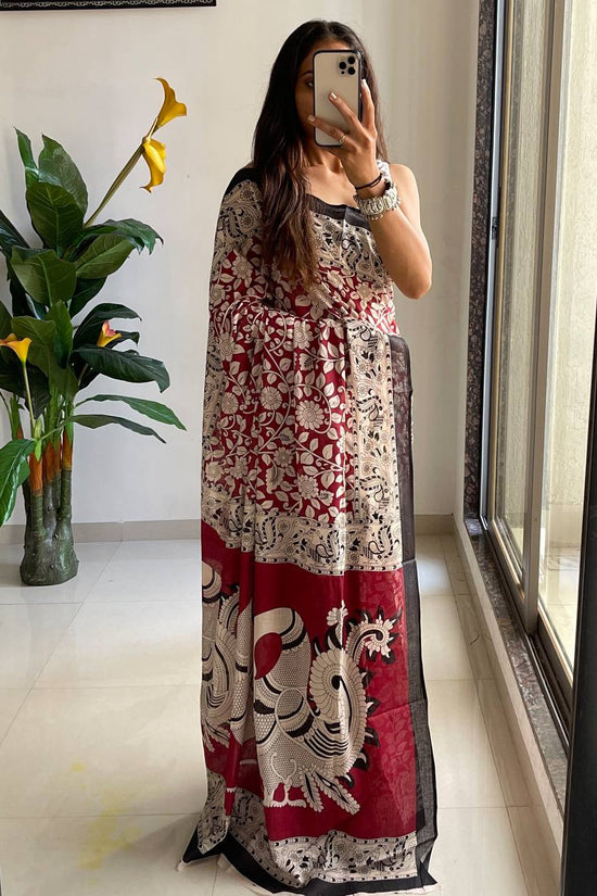 Woman's Kalamkari Hand Block Print Saree with Mulmul Cotton