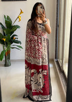 Woman's Kalamkari Hand Block Print Saree with Mulmul Cotton