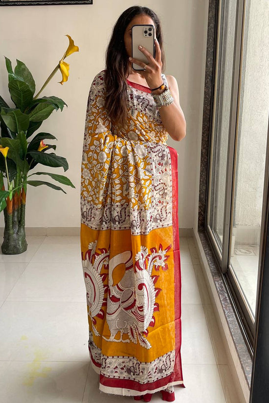 Woman's Kalamkari Hand Block Print Saree with Mulmul Cotton