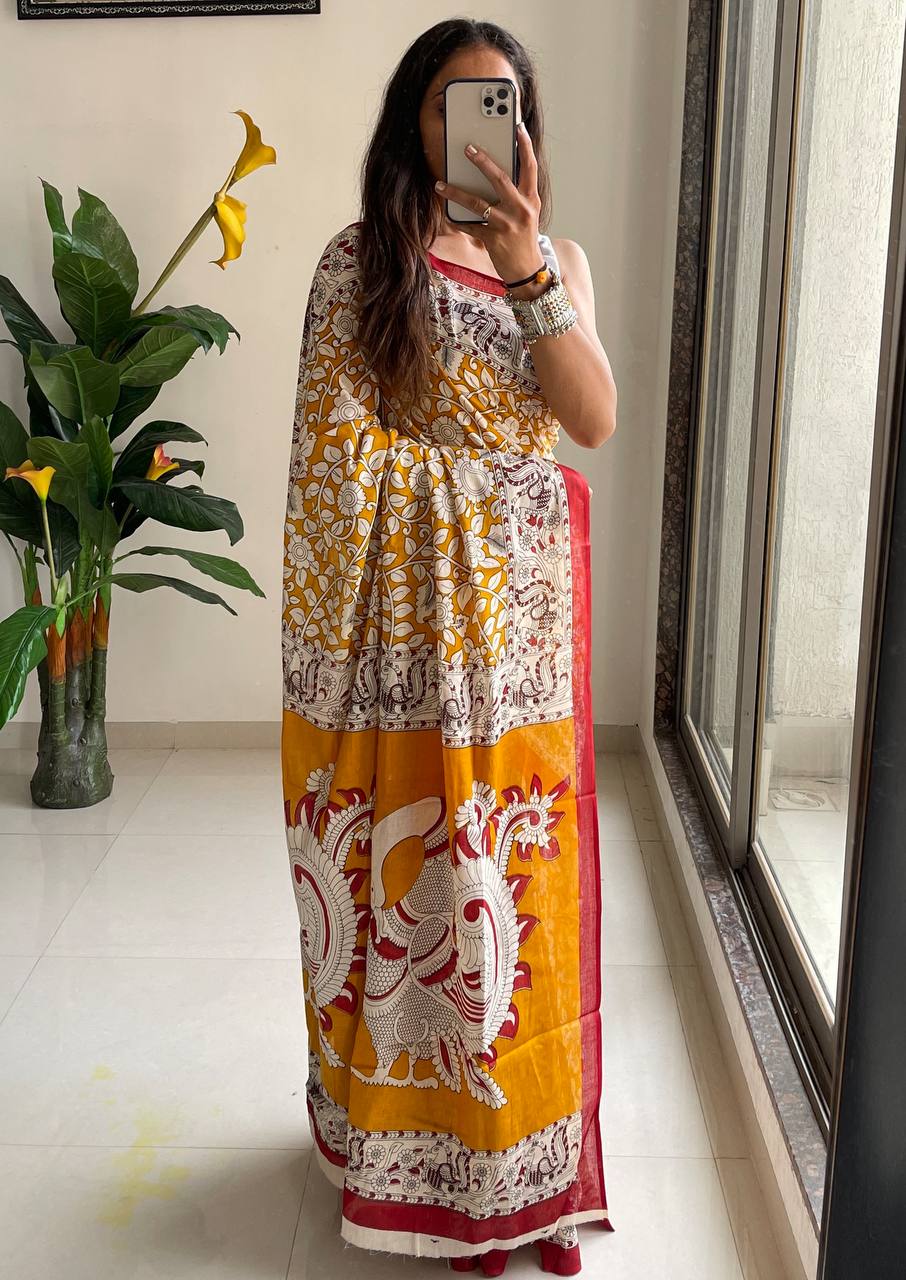 Woman's Kalamkari Hand Block Print Saree with Mulmul Cotton