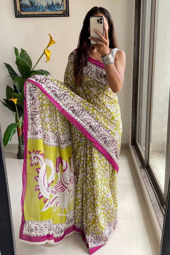 Woman's Kalamkari Hand Block Print Saree with Mulmul Cotton