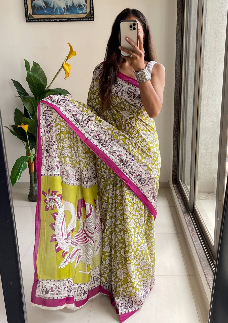Woman's Kalamkari Hand Block Print Saree with Mulmul Cotton