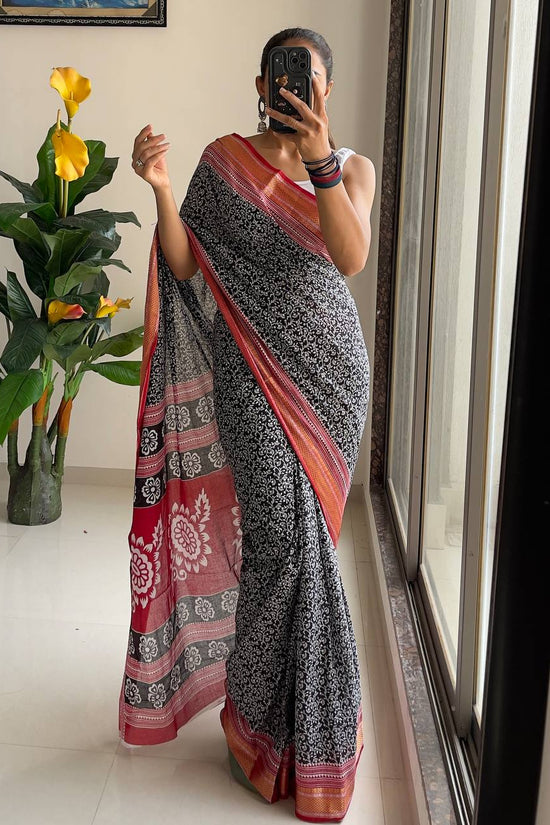 Ajrakh Printed Elegance Mulmul Cotton Zari Border Saree