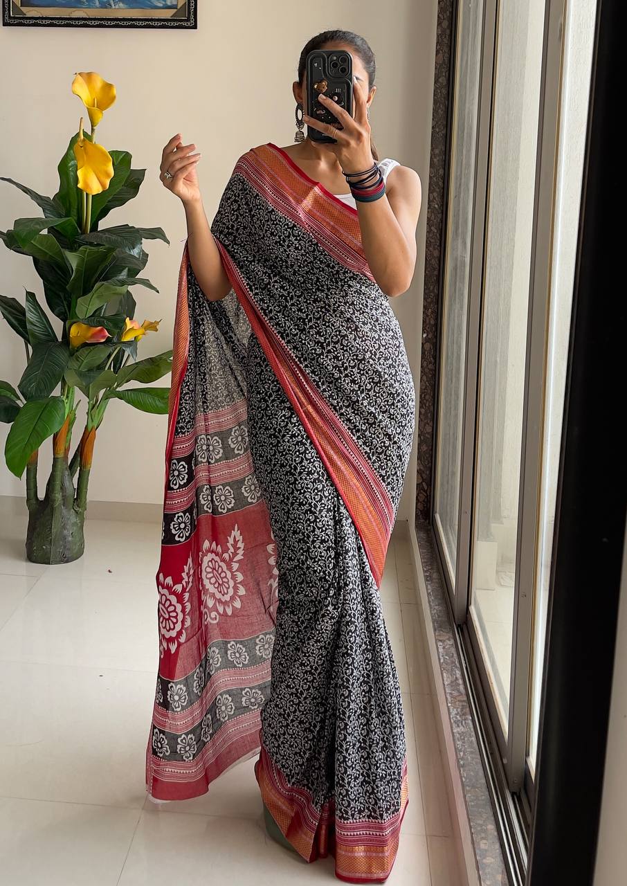 Ajrakh Printed Elegance Mulmul Cotton Zari Border Saree