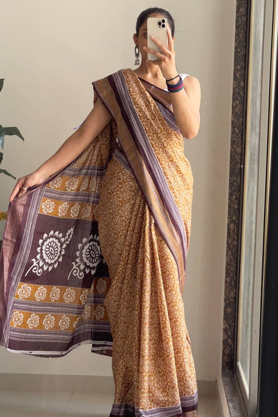 Ajrakh Printed Elegance Mulmul Cotton Zari Border Saree
