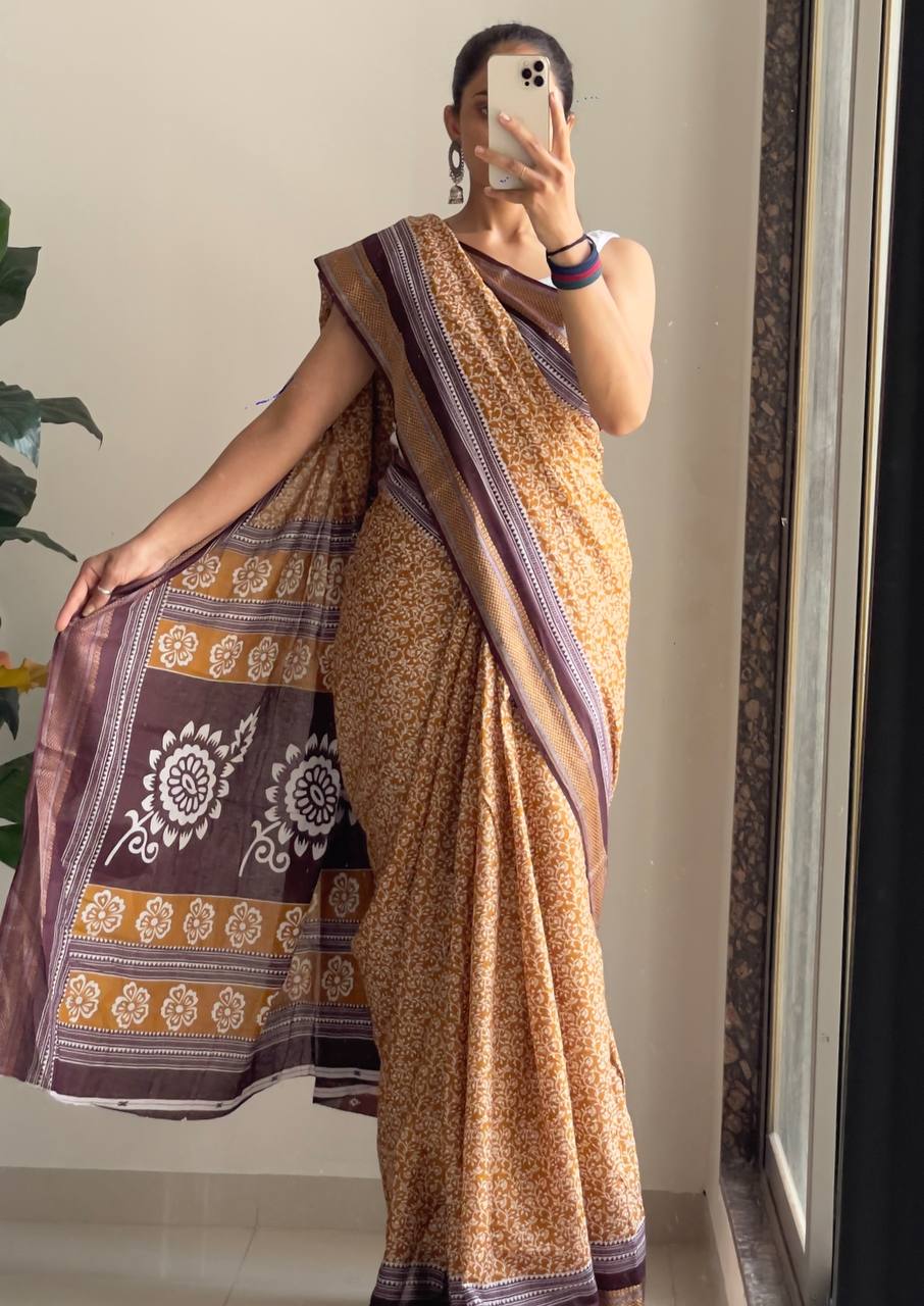 Ajrakh Printed Elegance Mulmul Cotton Zari Border Saree