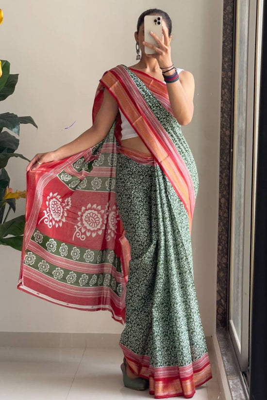 Ajrakh Printed Elegance Mulmul Cotton Zari Border Saree