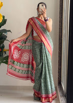 Ajrakh Printed Elegance Mulmul Cotton Zari Border Saree