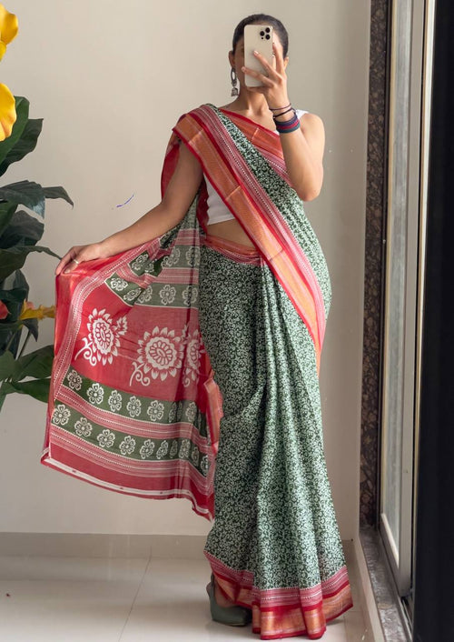 Ajrakh Printed Elegance Mulmul Cotton Zari Border Saree