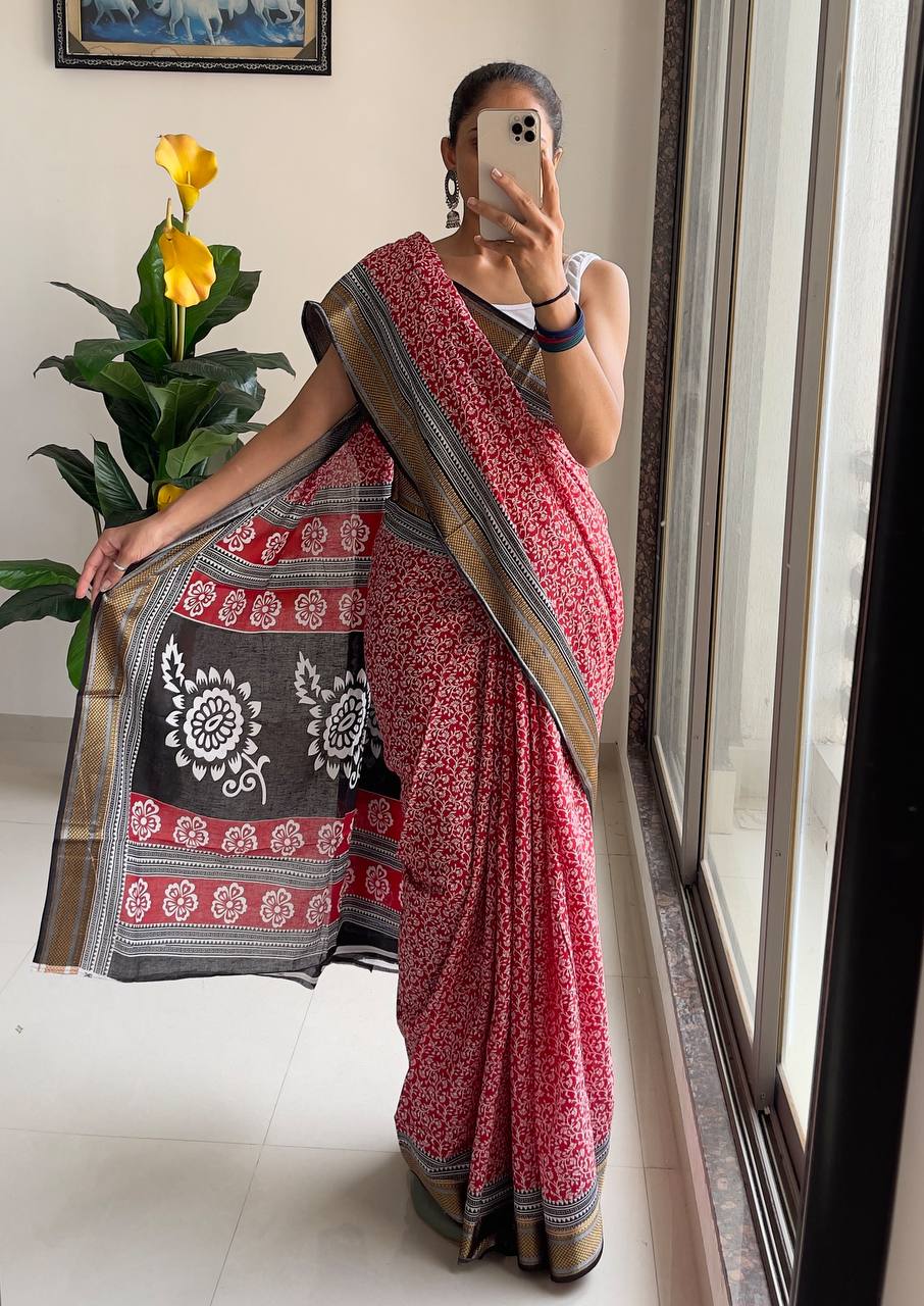 Ajrakh Printed Elegance Mulmul Cotton Zari Border Saree