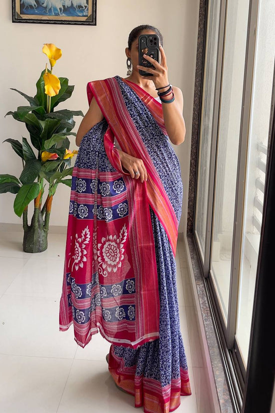 Ajrakh Printed Elegance Mulmul Cotton Zari Border Saree