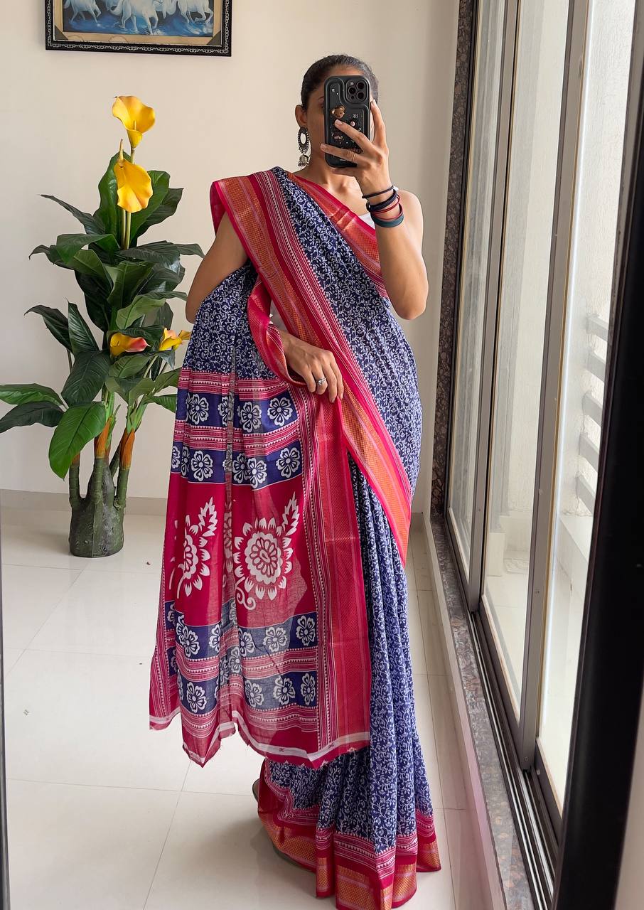 Ajrakh Printed Elegance Mulmul Cotton Zari Border Saree