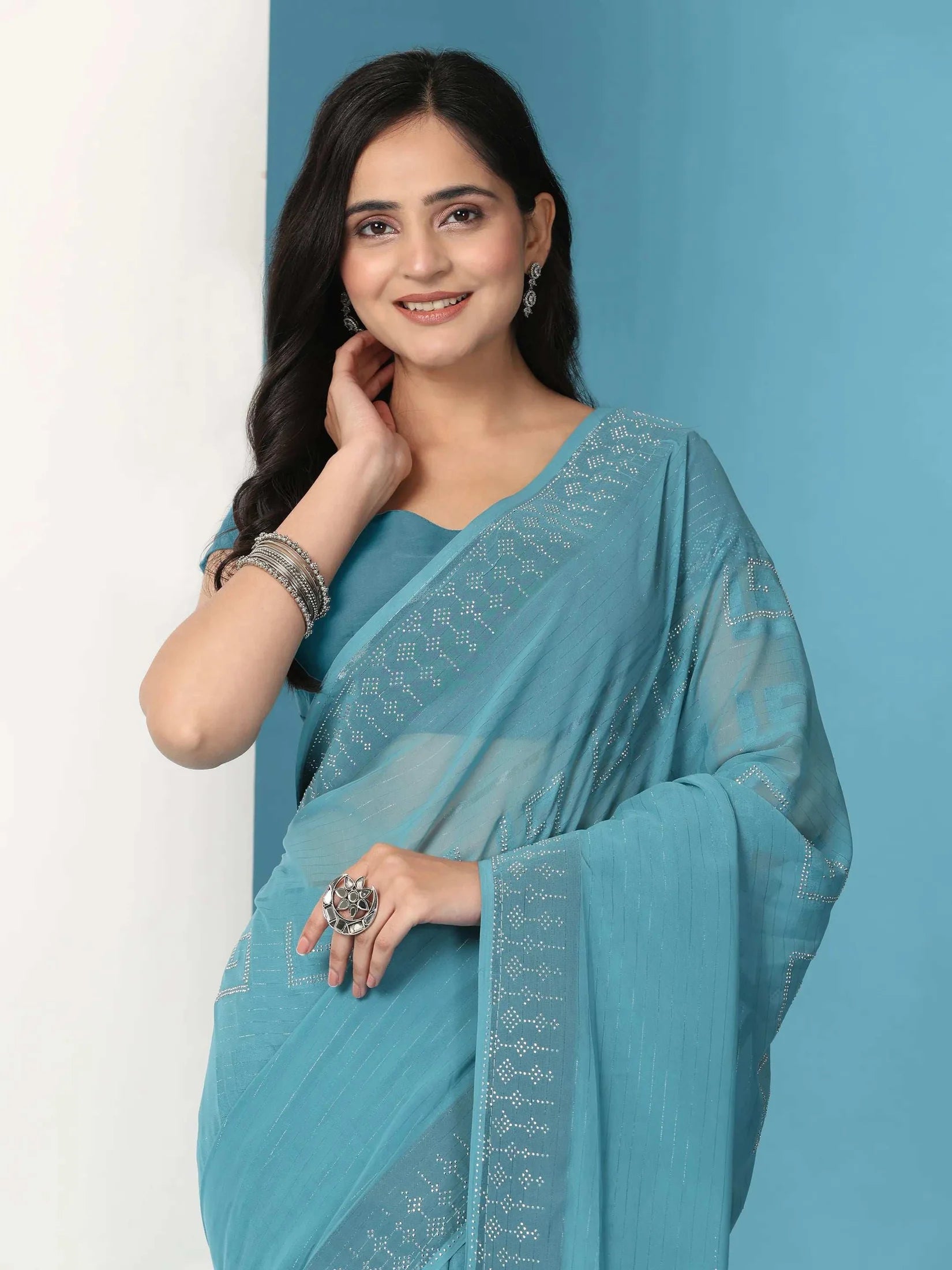Georgette  Siroski Diamond Work Saree