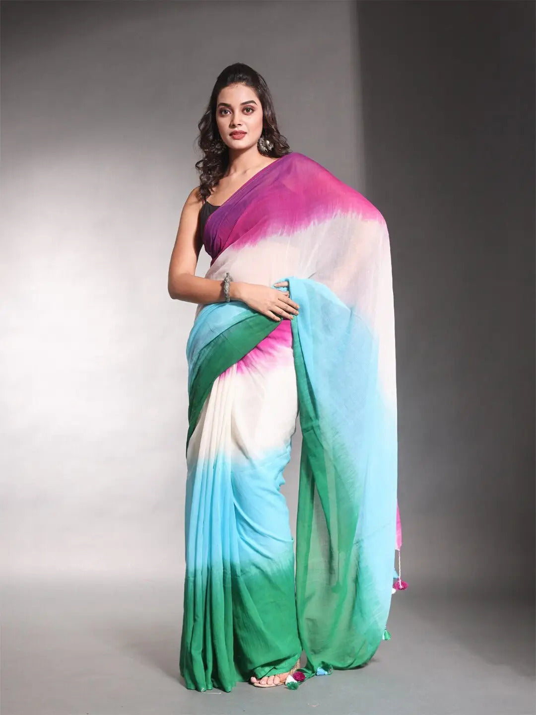 Multicolor Striped Cotton Linen Printed Saree