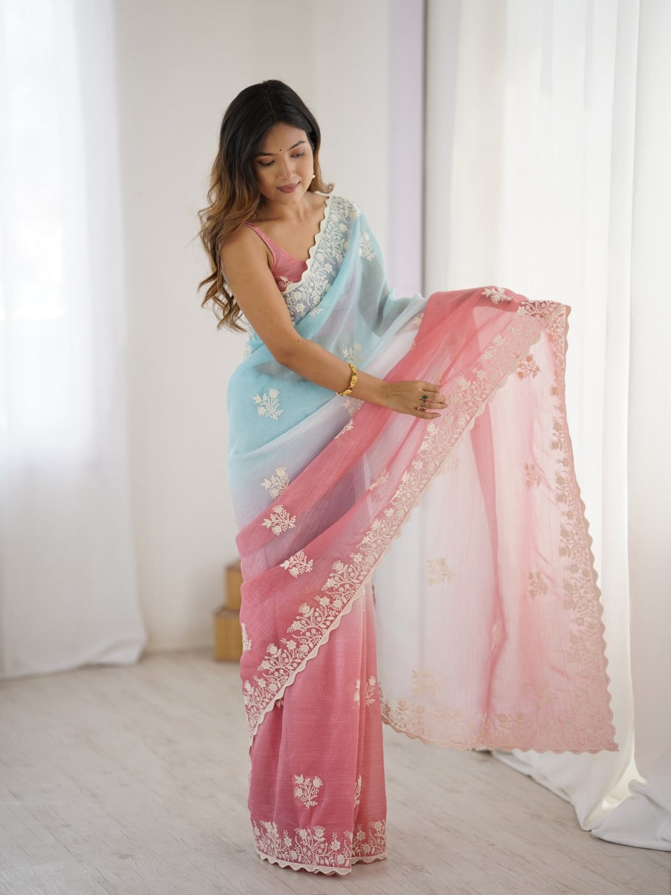 Trendy Crunchy Peding Fabric with Heavy Cotton Thread Embroidery & Cut Work Border