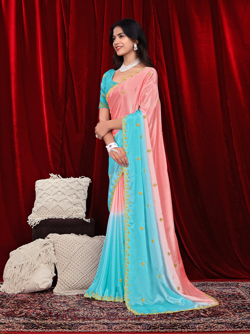 Chinon Saree in Dual Tone Shades with Embroidered Moti Border