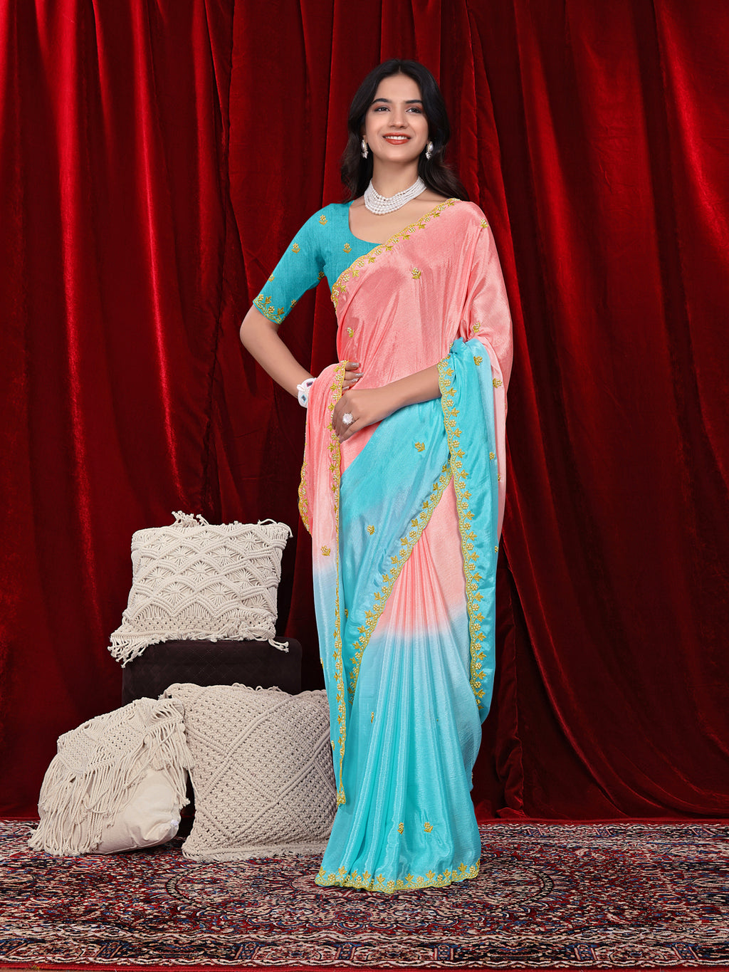 Chinon Saree in Dual Tone Shades with Embroidered Moti Border