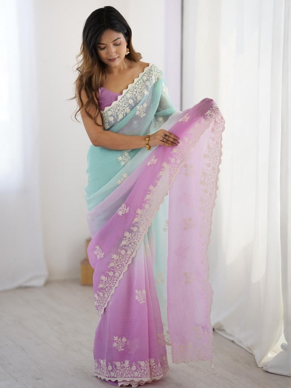 Trendy Crunchy Peding Fabric with Heavy Cotton Thread Embroidery & Cut Work Border