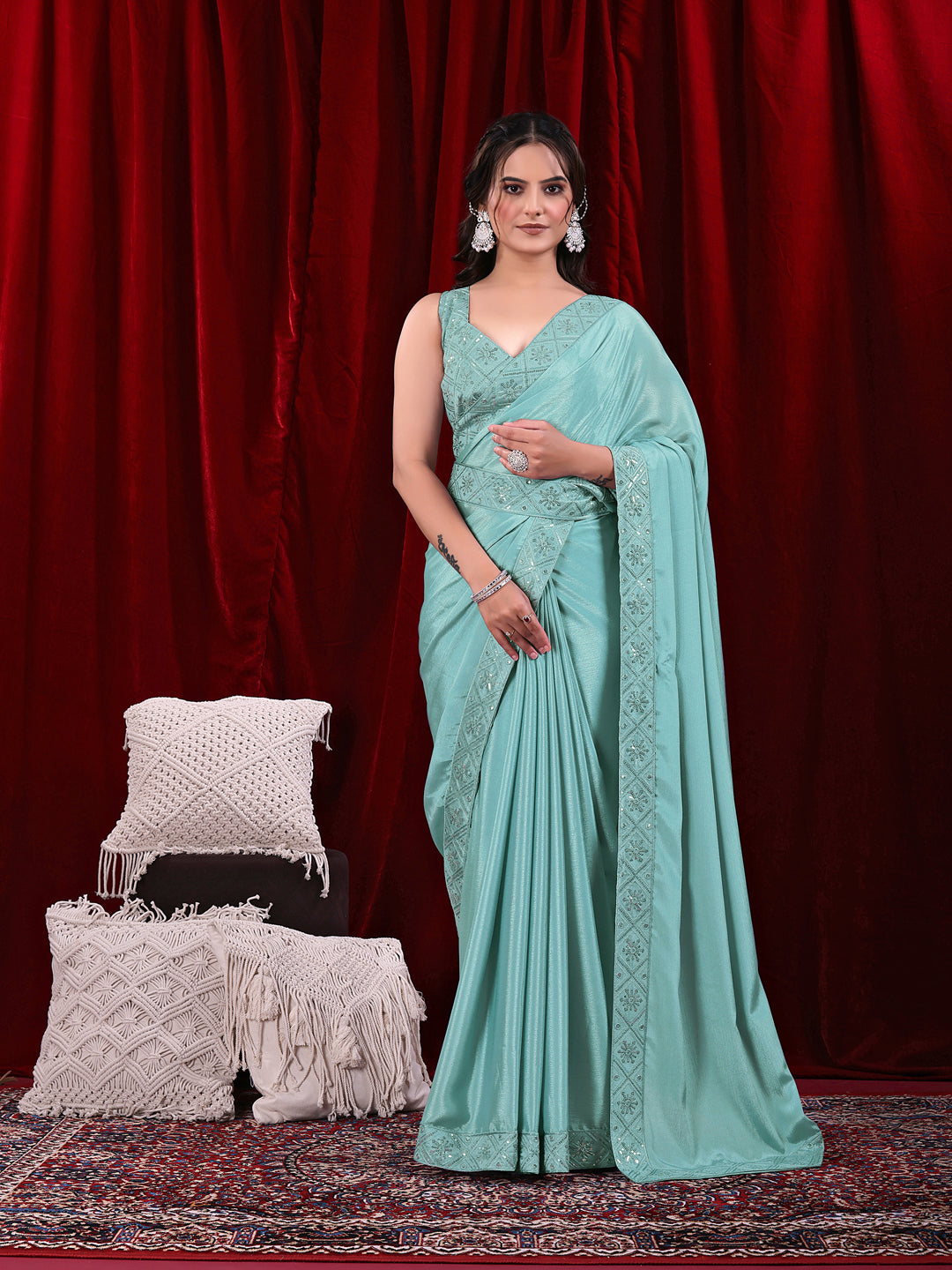 Chinon Solid Saree with Embroidered Lace Border