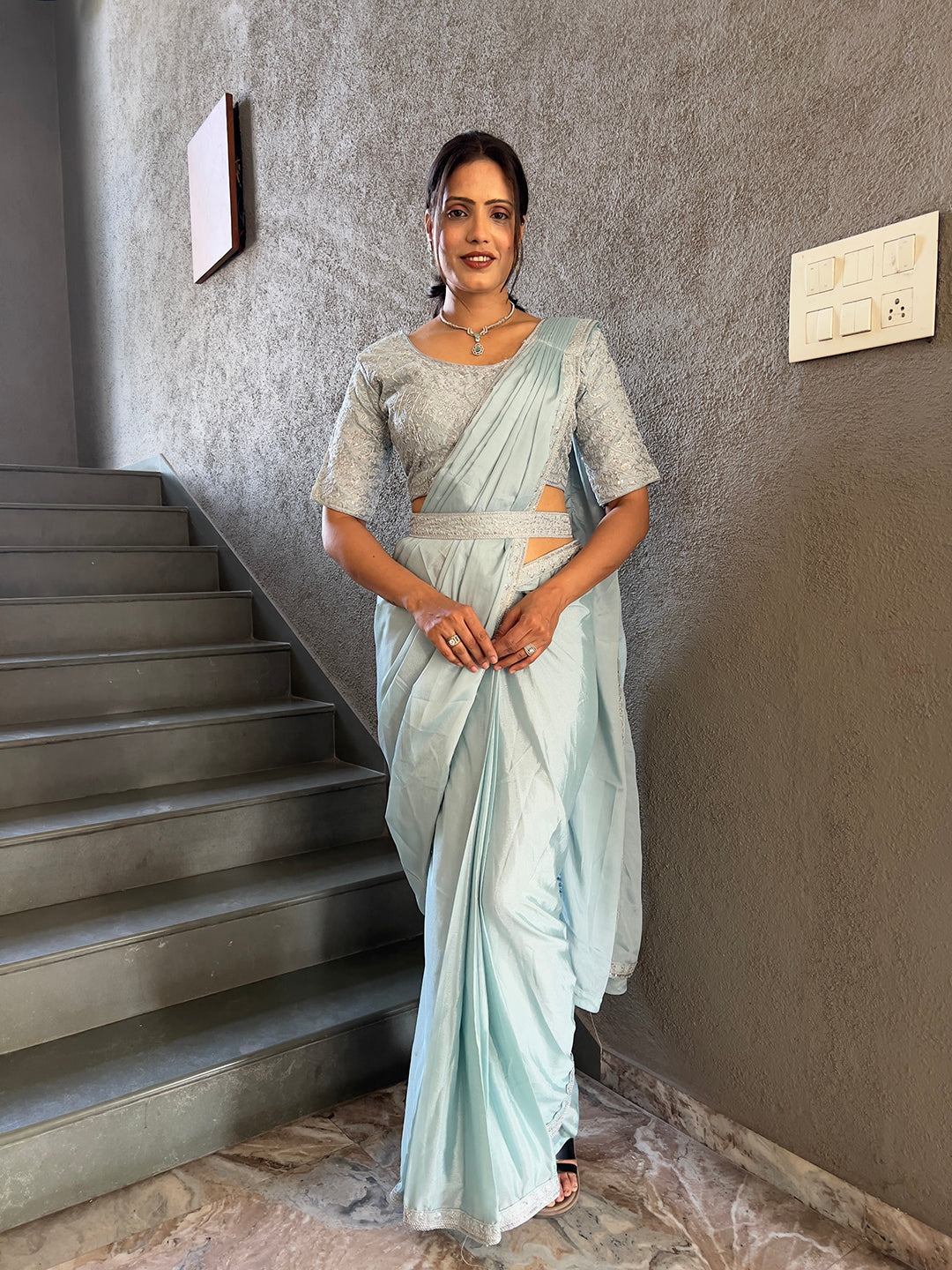 Ready To Wear Chinon Embroidery Work Saree With Stitched Blouse