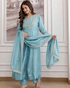 Embroidery Vichitra Silk Anarkali Kurta Pant Set With Dupatta