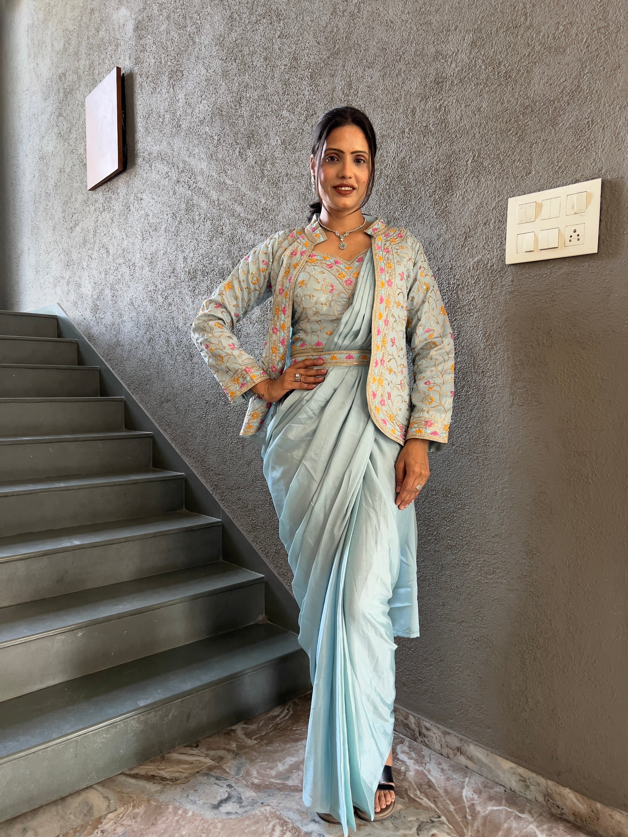 Heavy Chinon Jacket Saree With Blouse and Cording Embroidered Work