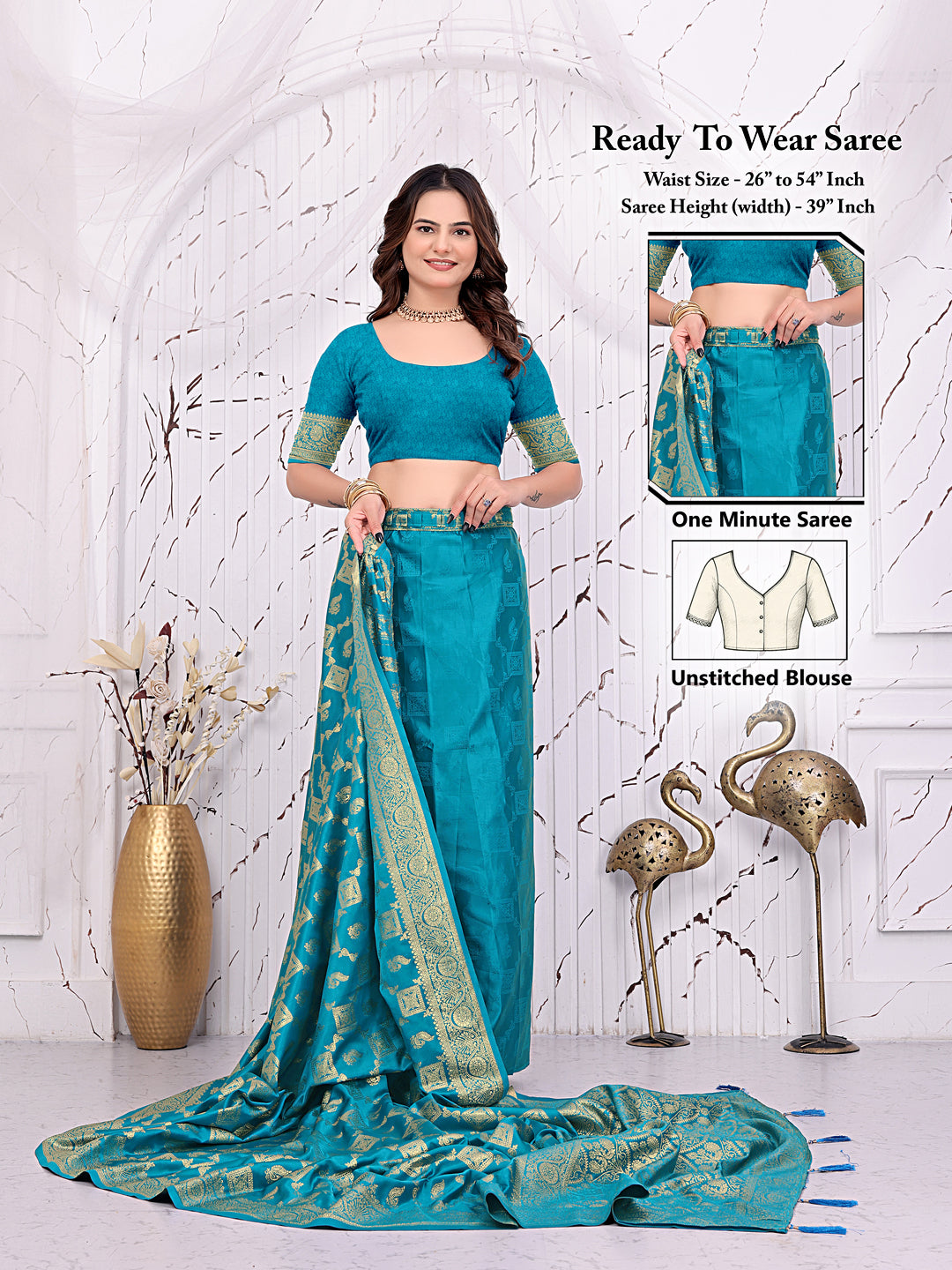 Banarasi Ready-to-Wear Saree with Traditional Woven Zari Motifs and Decorative Pallu.