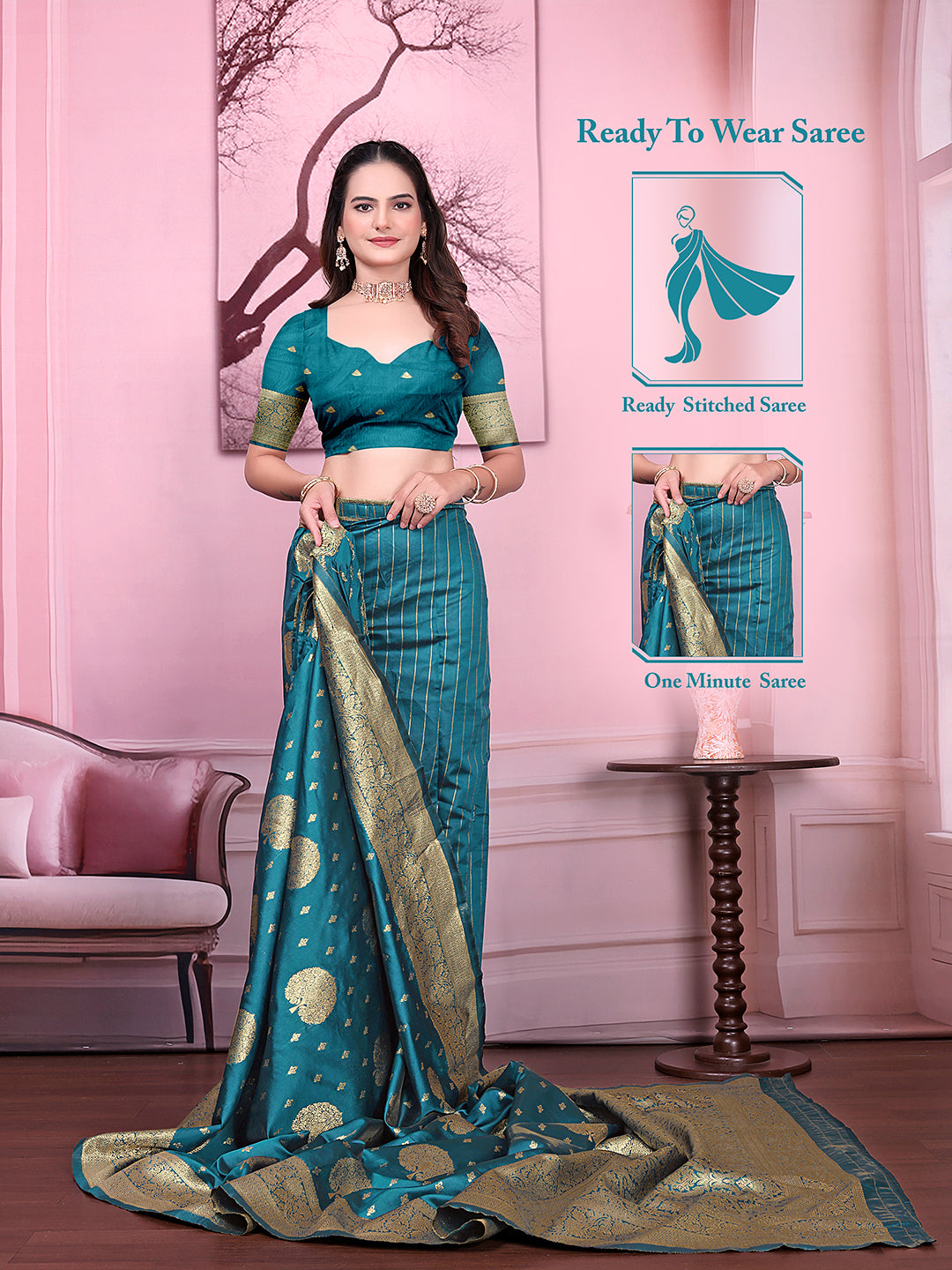 Floral Print Ready to Wear Banarasi Jacquard Party Saree with Unstitched Blouse