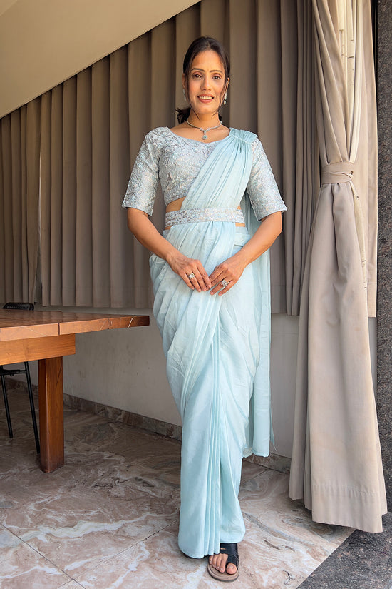 Ready To Wear Chinon Embroidery Work Saree With Stitched Blouse
