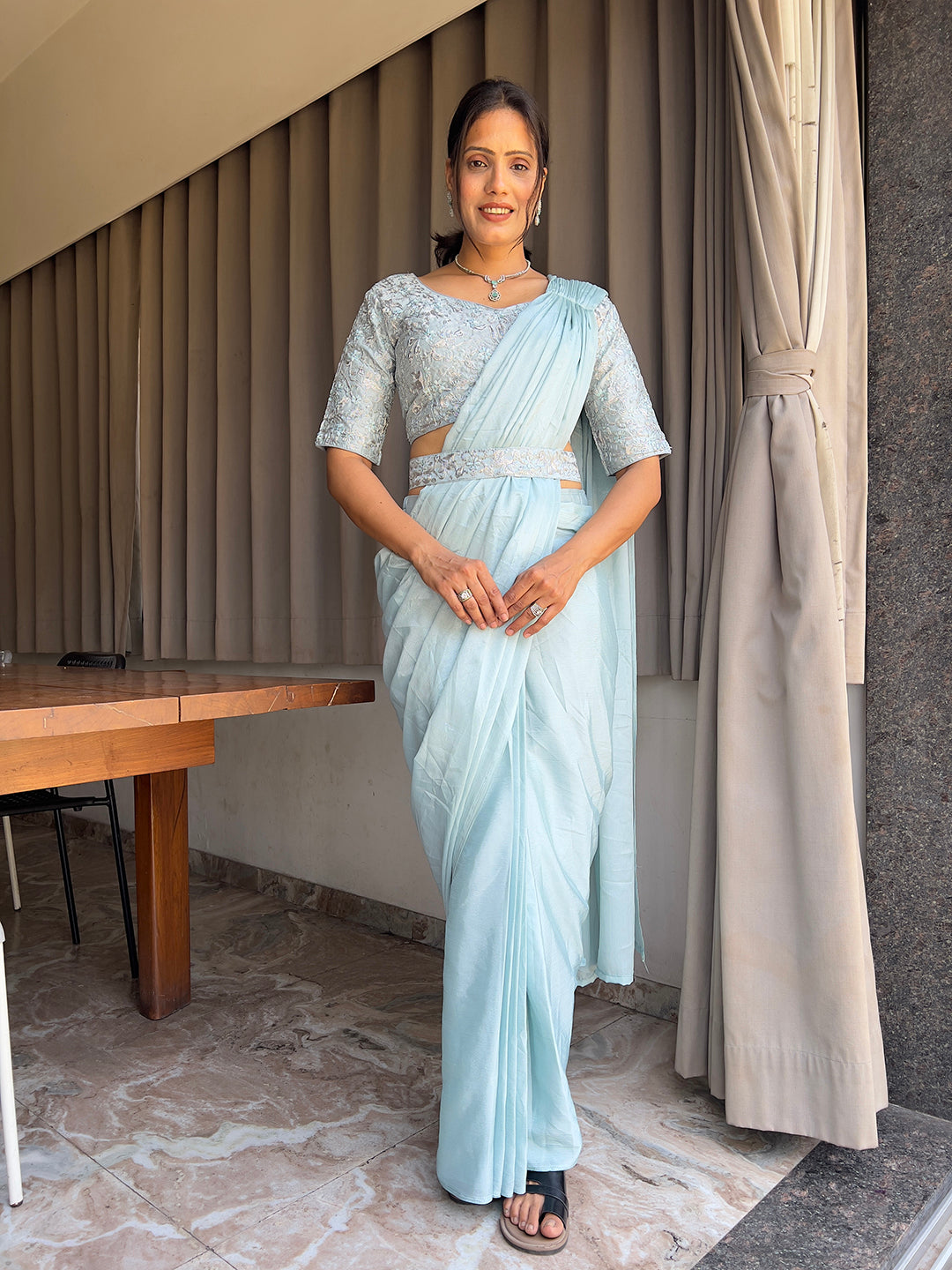 Ready To Wear Chinon Embroidery Work Saree With Stitched Blouse