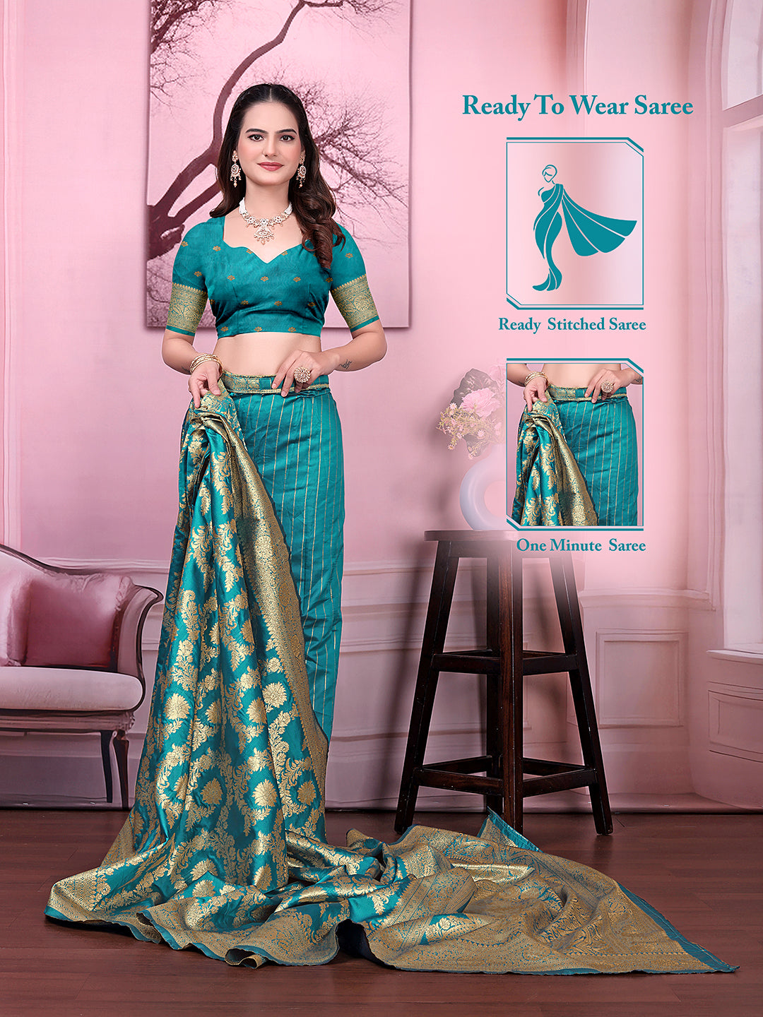 Ready to Wear Banarasi Jacquard Floral Print Party Saree with Unstitched Blouse