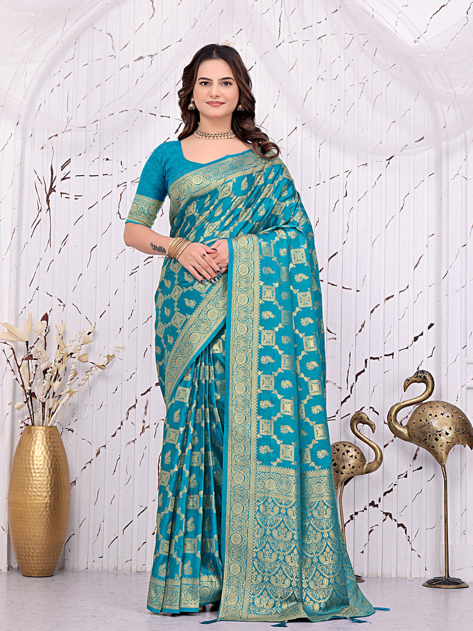 Banarasi Ready-to-Wear Saree with Traditional Woven Zari Motifs and Decorative Pallu.