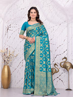Banarasi Ready-to-Wear Saree with Traditional Woven Zari Motifs and Decorative Pallu.