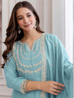 Embroidery Vichitra Silk Anarkali Kurta Pant Set With Dupatta