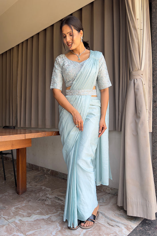 Ready To Wear Chinon Embroidery Work Saree With Stitched Blouse