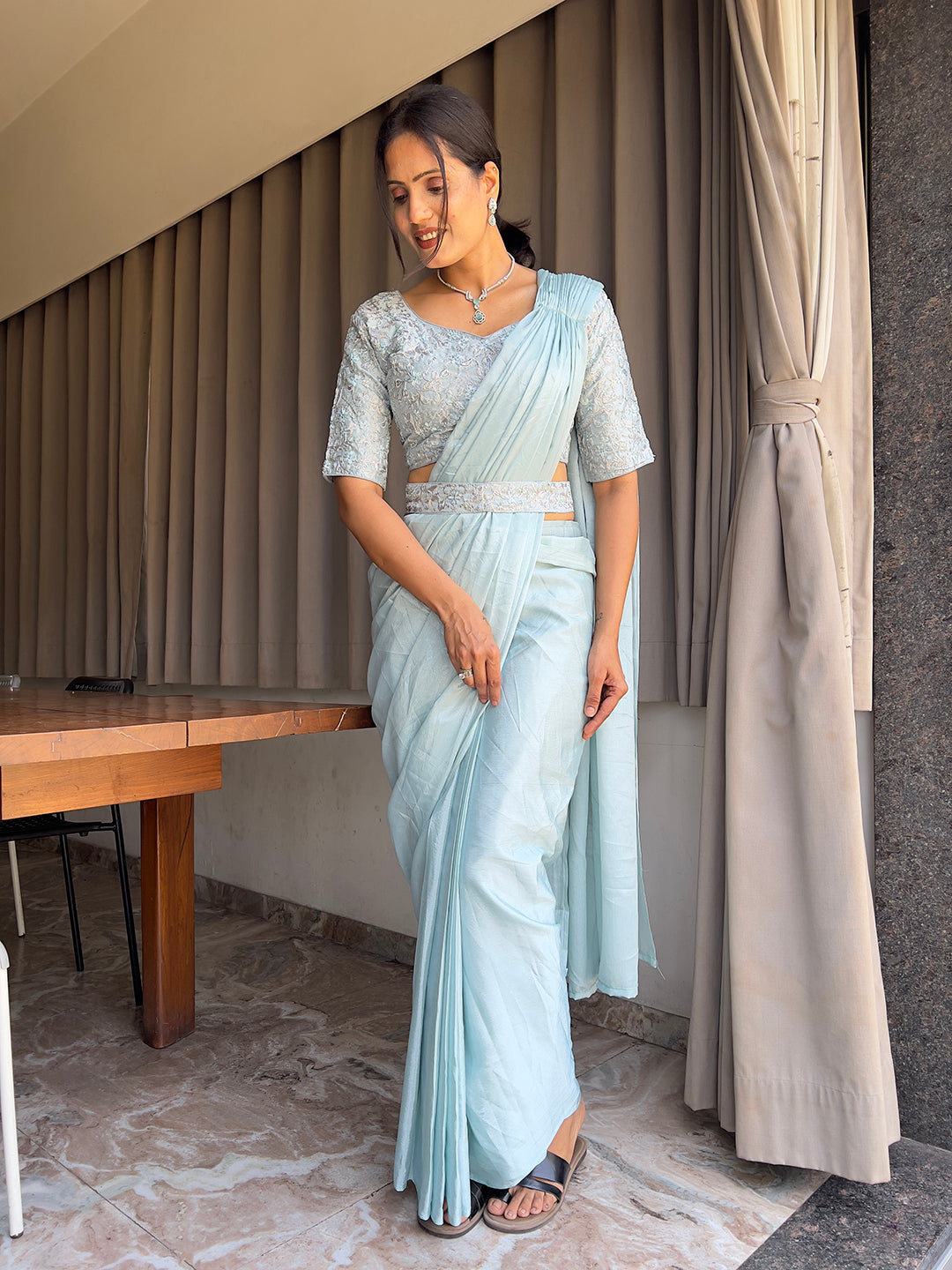 Ready To Wear Chinon Embroidery Work Saree With Stitched Blouse