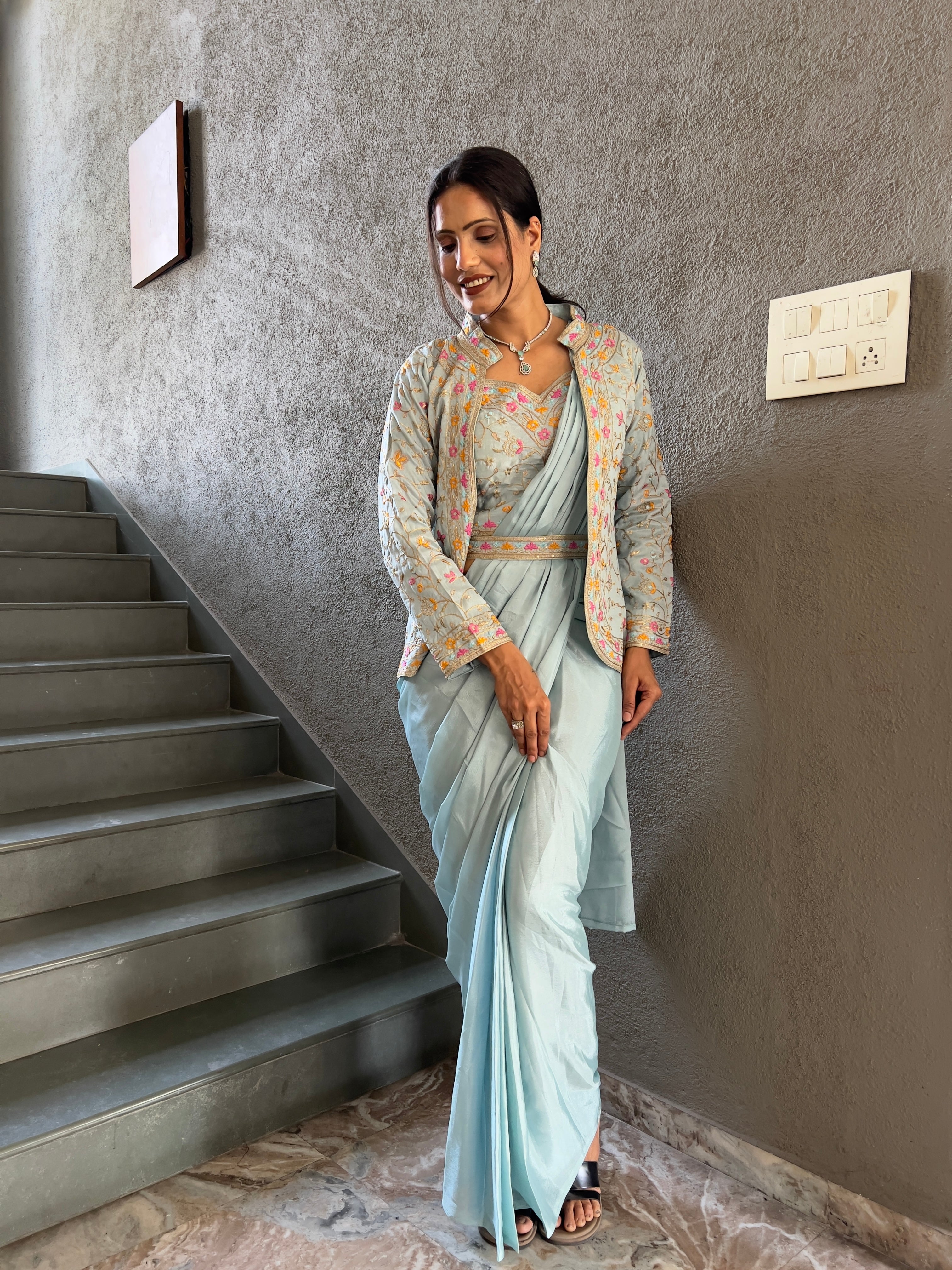 Heavy Chinon Jacket Saree With Blouse and Cording Embroidered Work