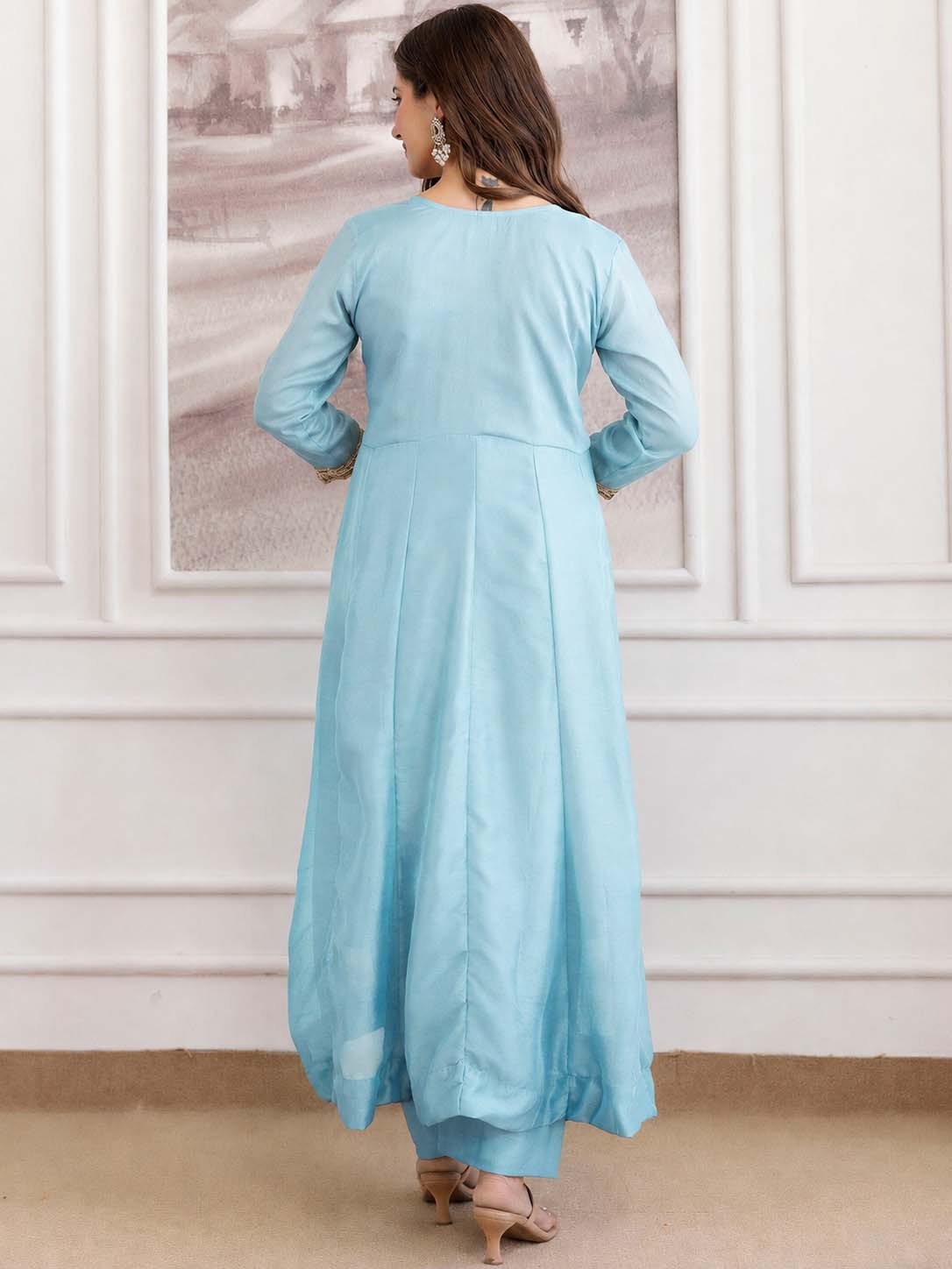 Embroidery Vichitra Silk Anarkali Kurta Pant Set With Dupatta