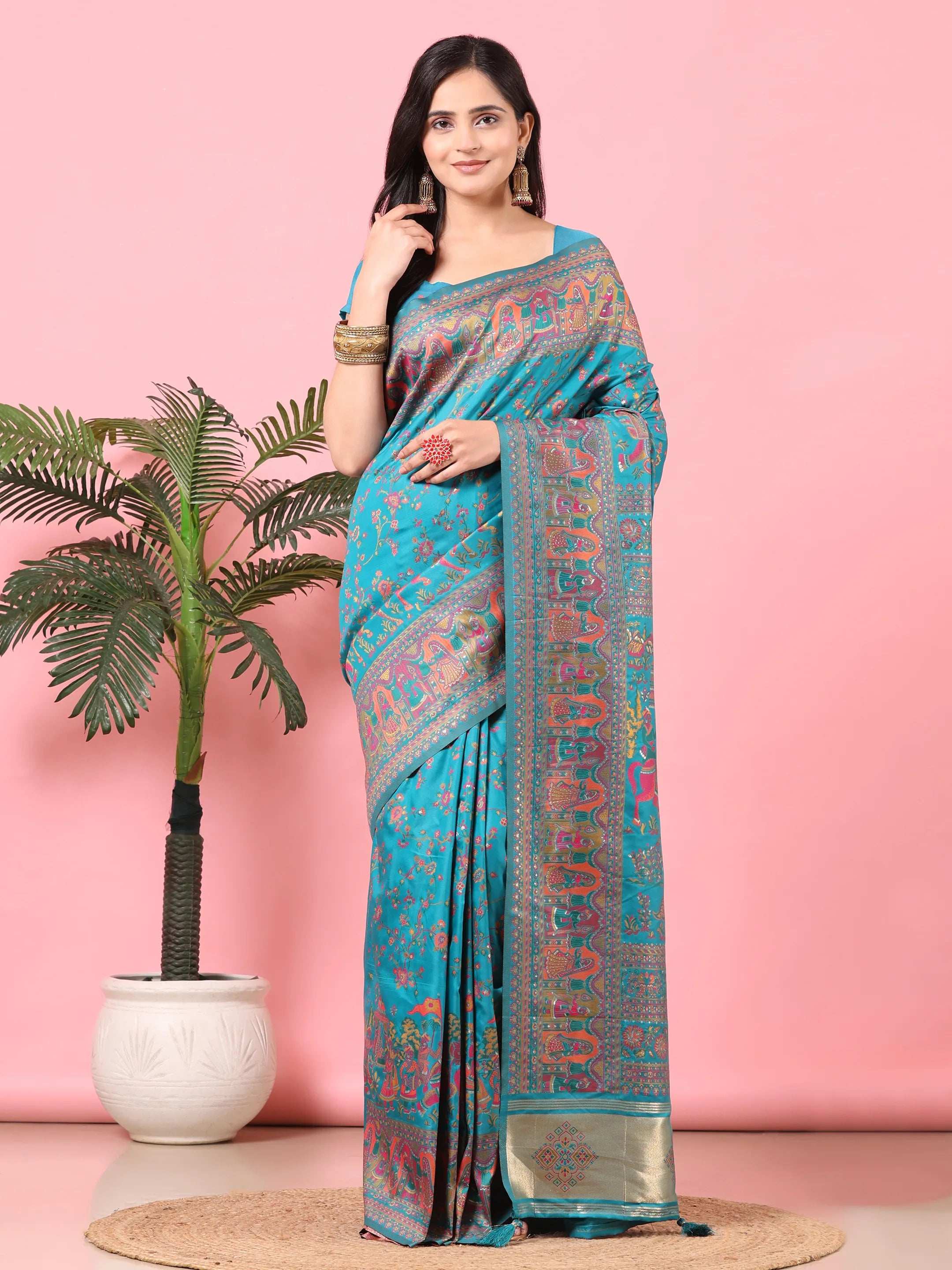 Floral Printed Woven Zari Pashmina Saree