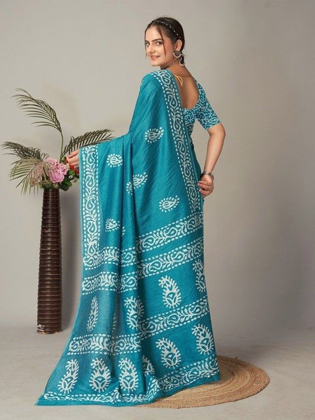 Ready to wear mulmul cotton printed saree – sky blue, view 4