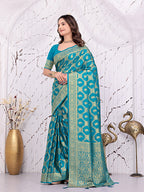 Banarasi Ready-to-Wear Saree with Traditional Woven Zari Motifs and Decorative Pallu.