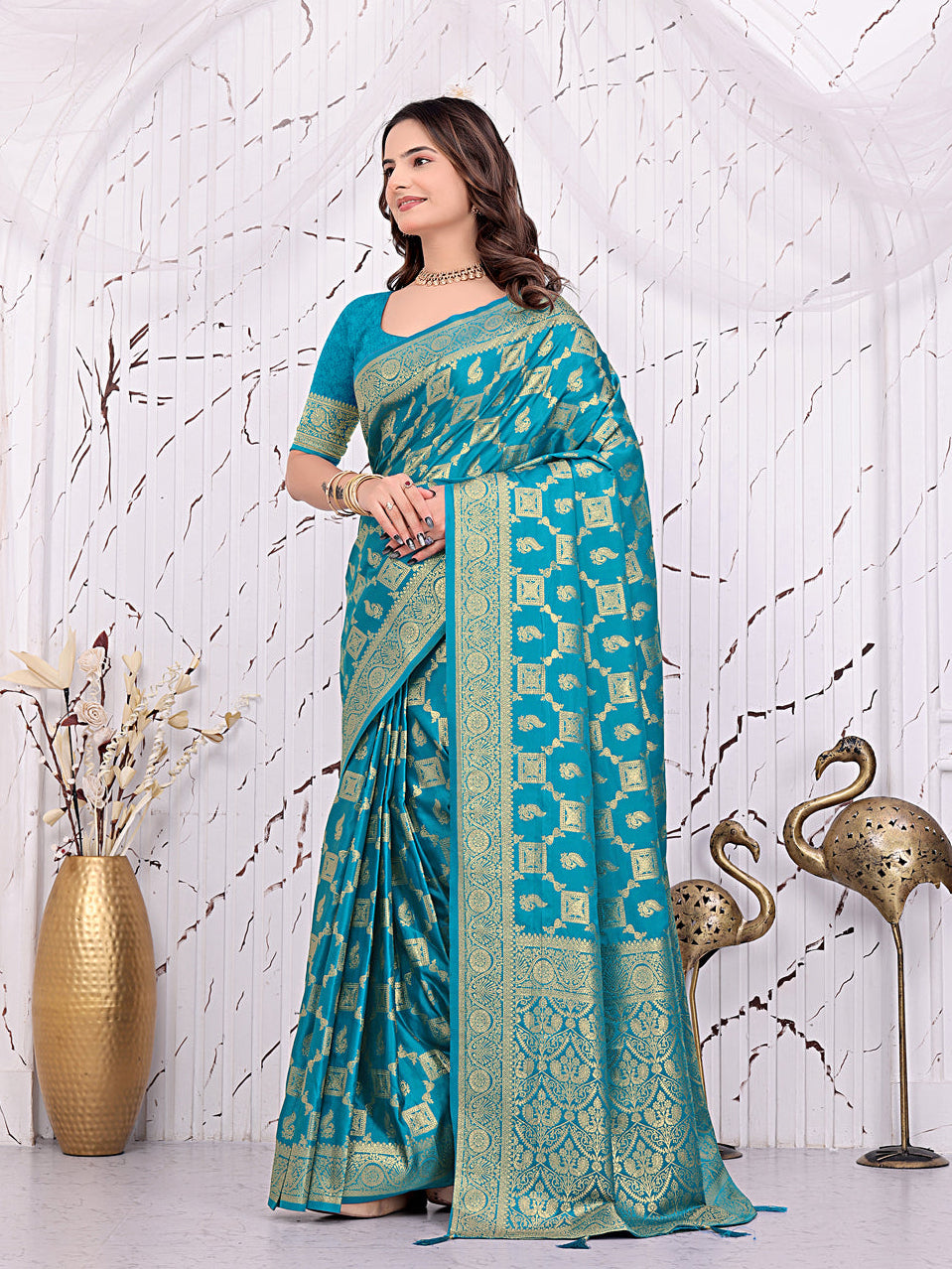 Banarasi Ready-to-Wear Saree with Traditional Woven Zari Motifs and Decorative Pallu.