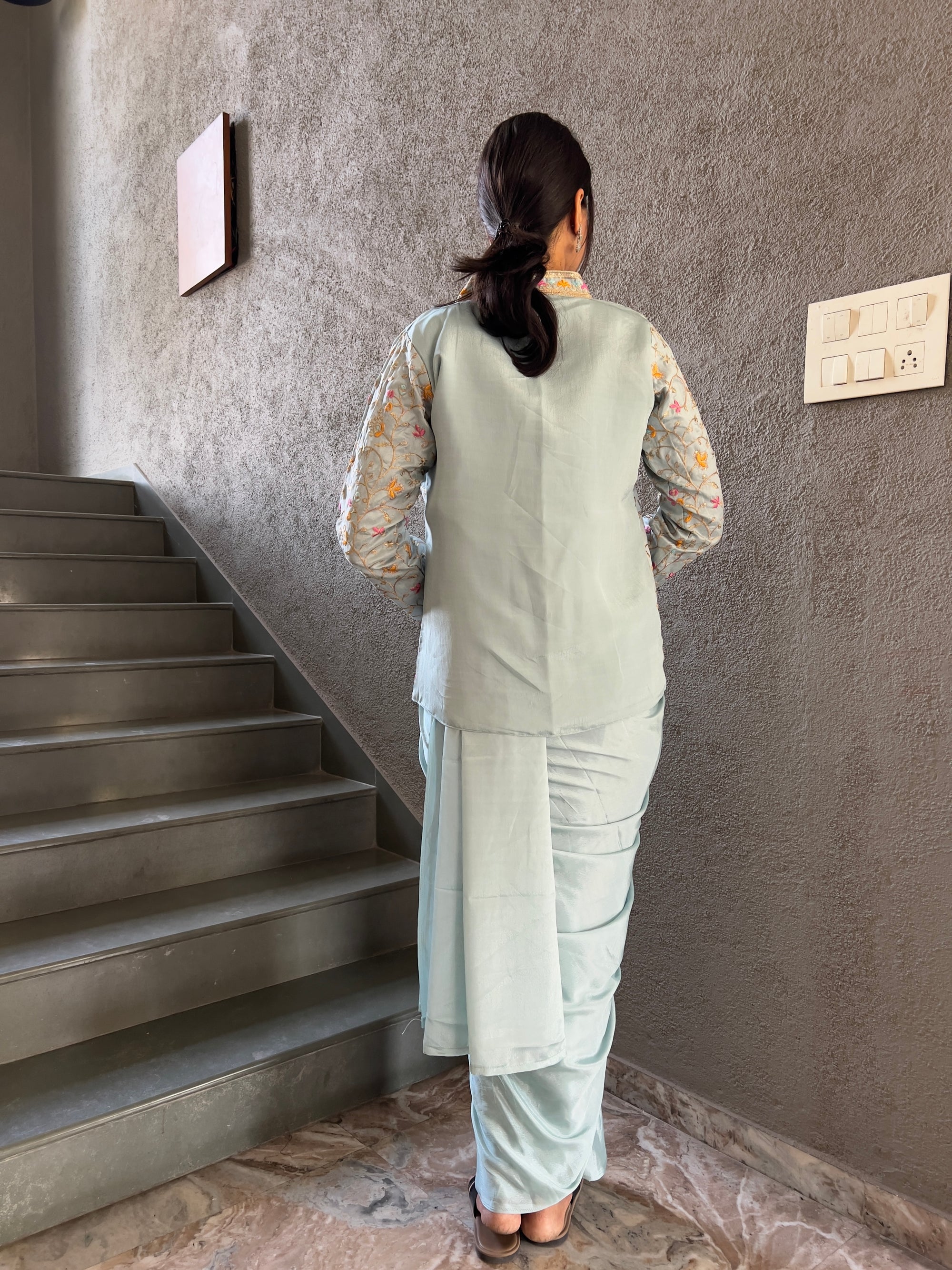 Heavy Chinon Jacket Saree With Blouse and Cording Embroidered Work