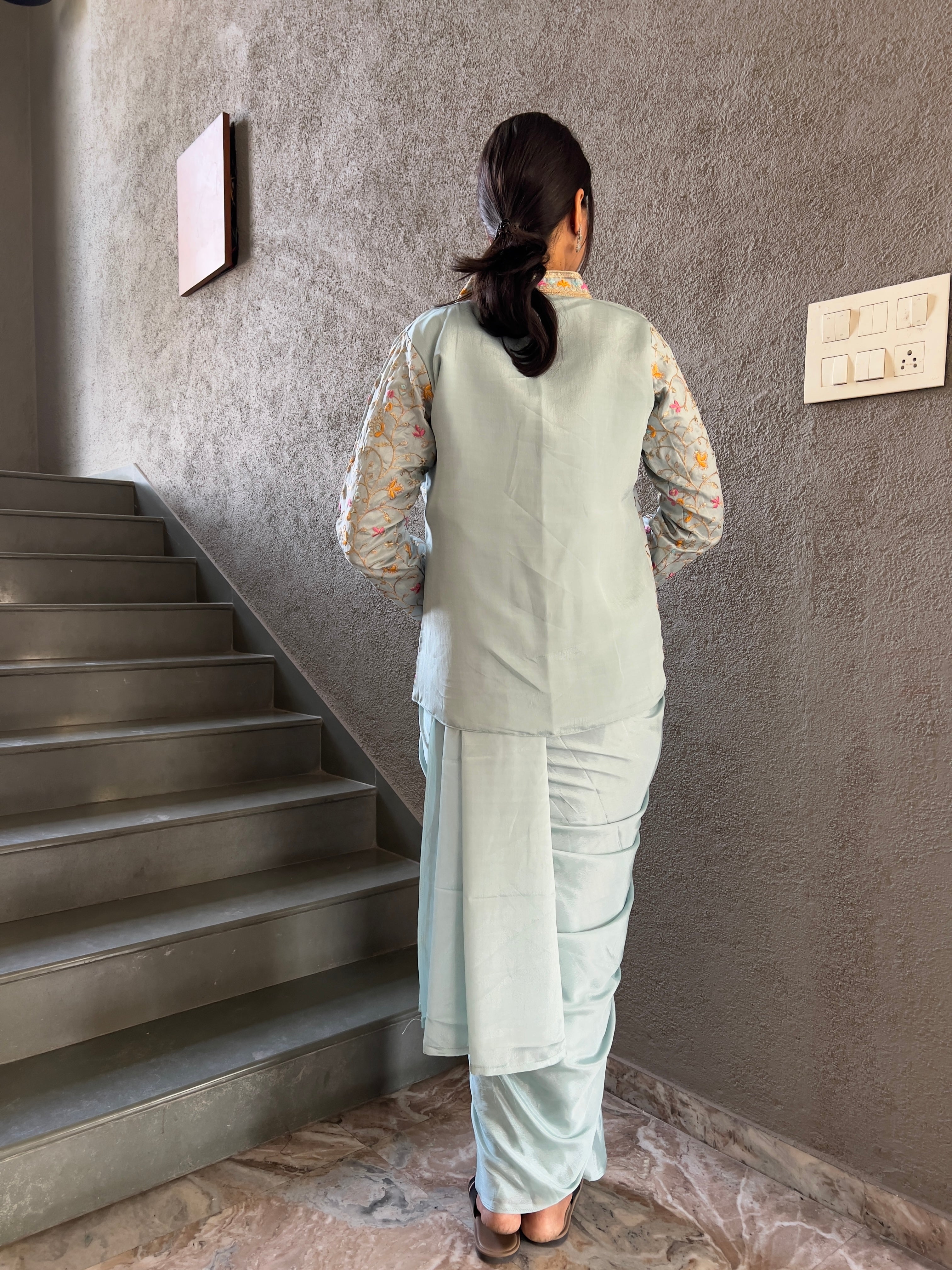 Heavy Chinon Jacket Saree With Blouse and Cording Embroidered Work