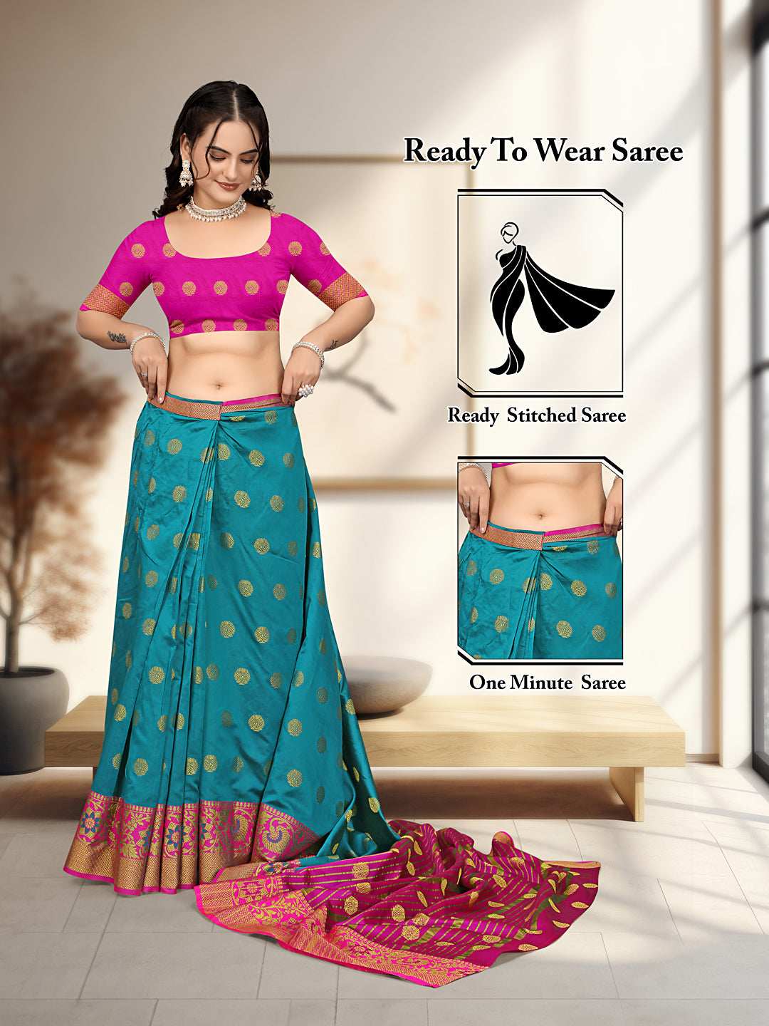 Ready To Wear Cotton Silk Woven Zari Jacquard Banarasi Traditional Saree