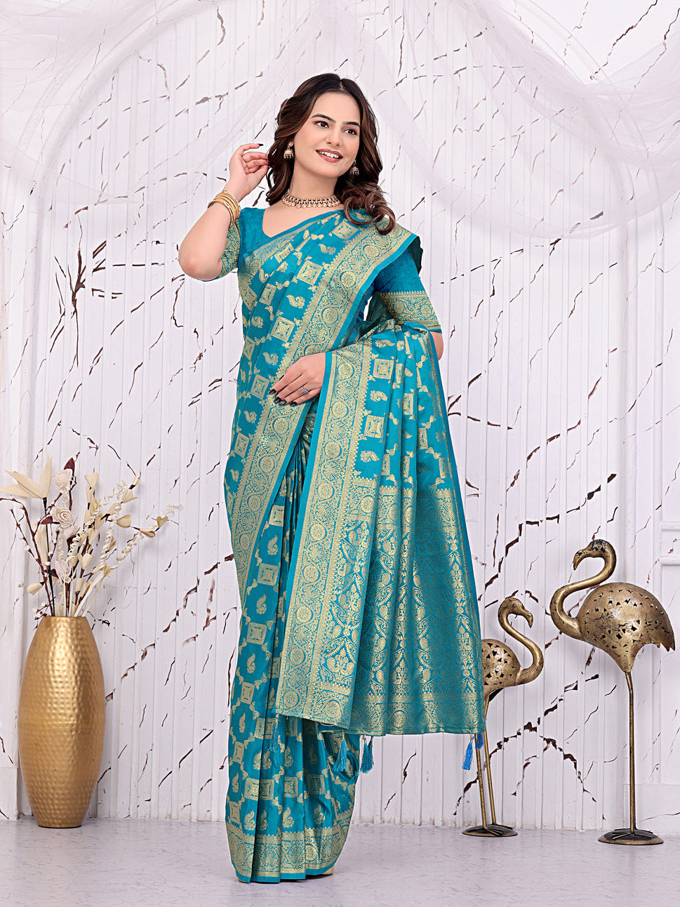 Banarasi Ready-to-Wear Saree with Traditional Woven Zari Motifs and Decorative Pallu.
