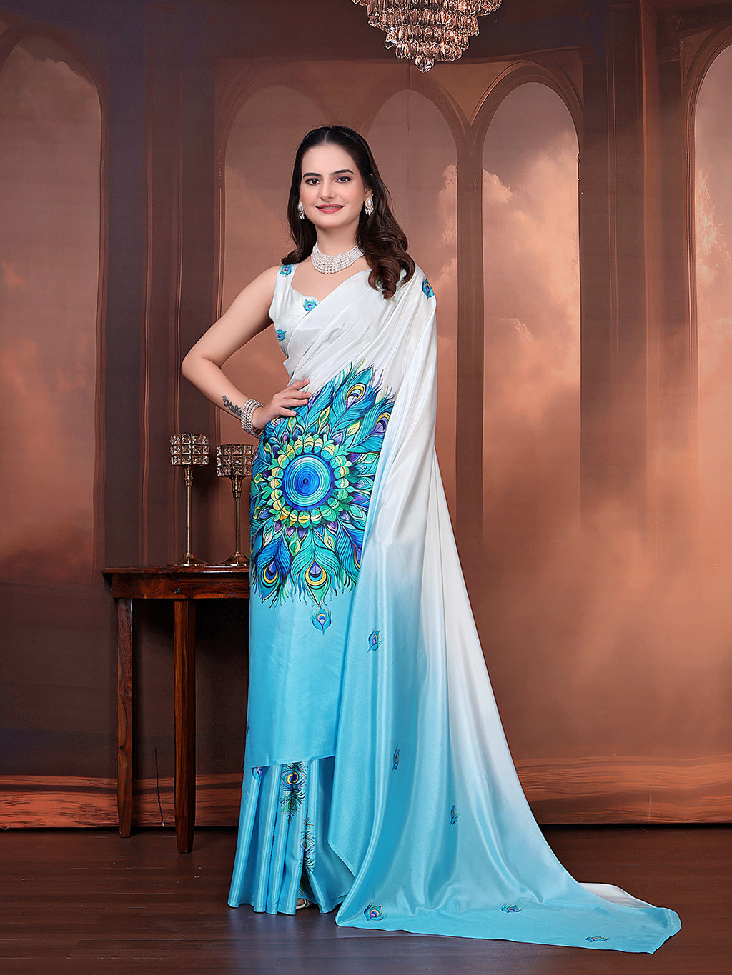 Ready to Wear Silk Crepe Floral Print Saree with Unstitched Blouse for Party Wear